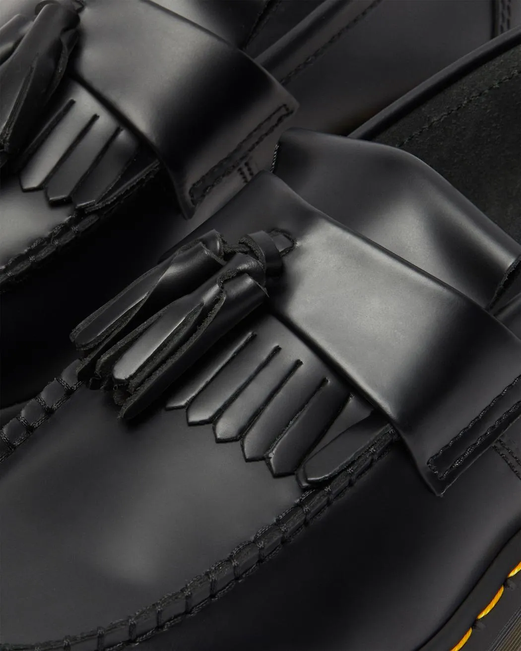 Adrian Yellow Stitch Leather Tassle Loafers - Black Vintage Smooth