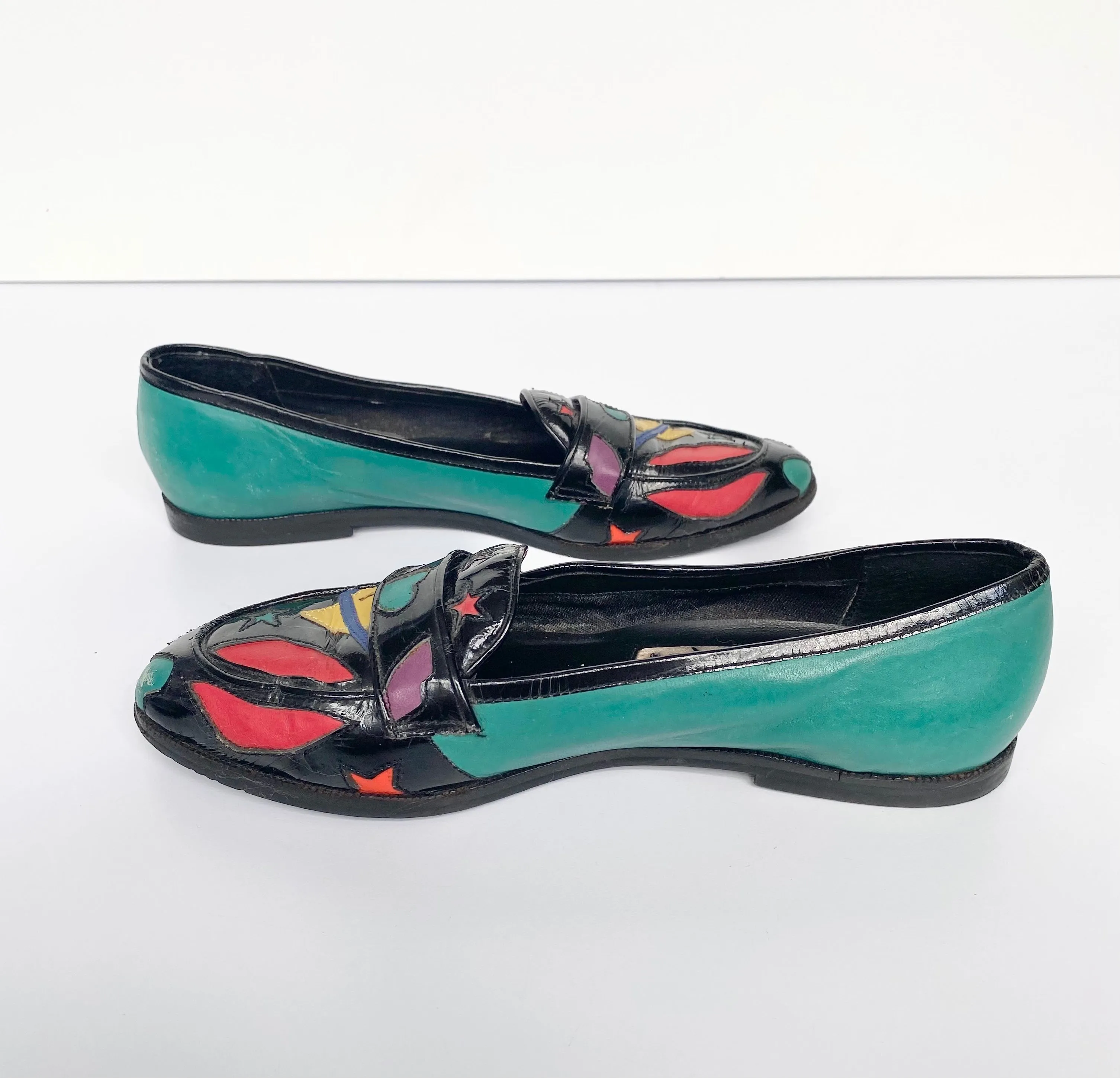 Black Patent Loafers with Multicolour Leather Cut-outs