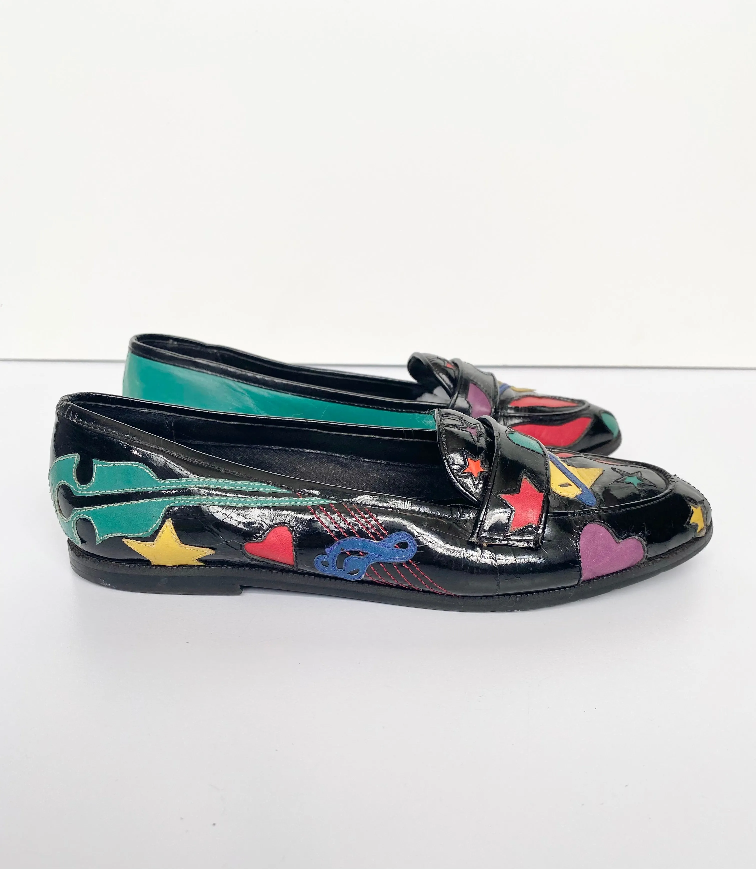 Black Patent Loafers with Multicolour Leather Cut-outs