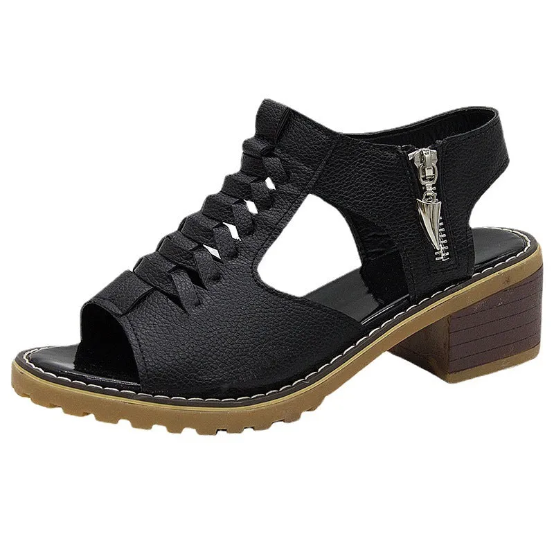 Comelyy Thick heel round toe hollow side zipper sandals for women casual Roman sandals for women
