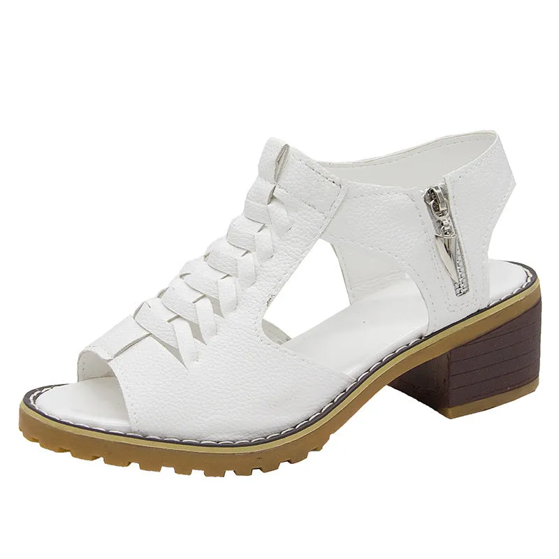 Comelyy Thick heel round toe hollow side zipper sandals for women casual Roman sandals for women