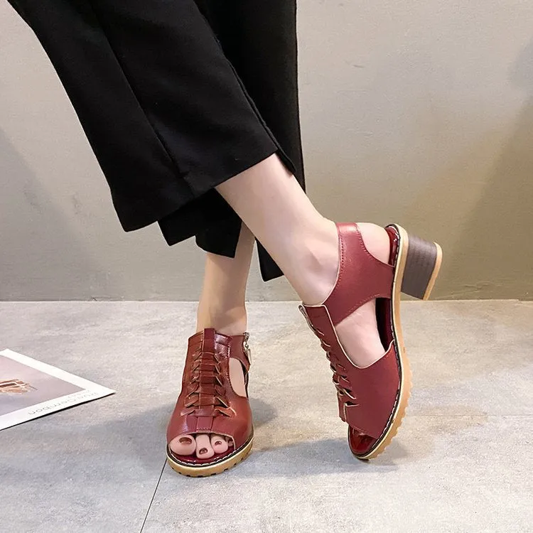 Comelyy Thick heel round toe hollow side zipper sandals for women casual Roman sandals for women