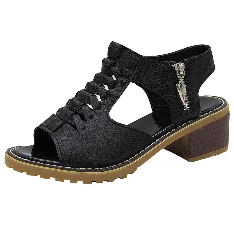 Comelyy Thick heel round toe hollow side zipper sandals for women casual Roman sandals for women
