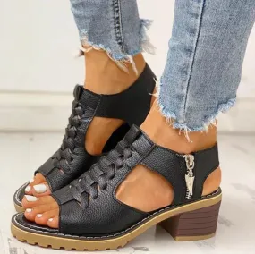 Comelyy Thick heel round toe hollow side zipper sandals for women casual Roman sandals for women