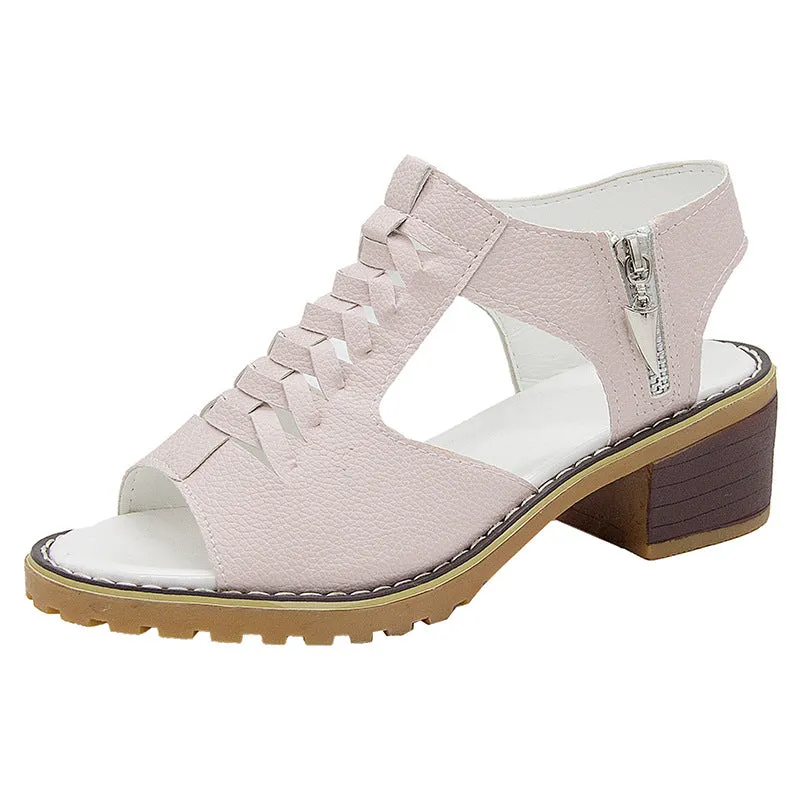 Comelyy Thick heel round toe hollow side zipper sandals for women casual Roman sandals for women
