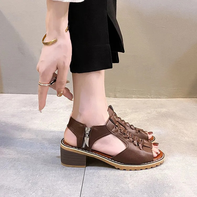 Comelyy Thick heel round toe hollow side zipper sandals for women casual Roman sandals for women