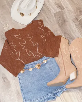 Cozy Cowgirl Brown Teddy Fabric Western Crew Neck Sweater