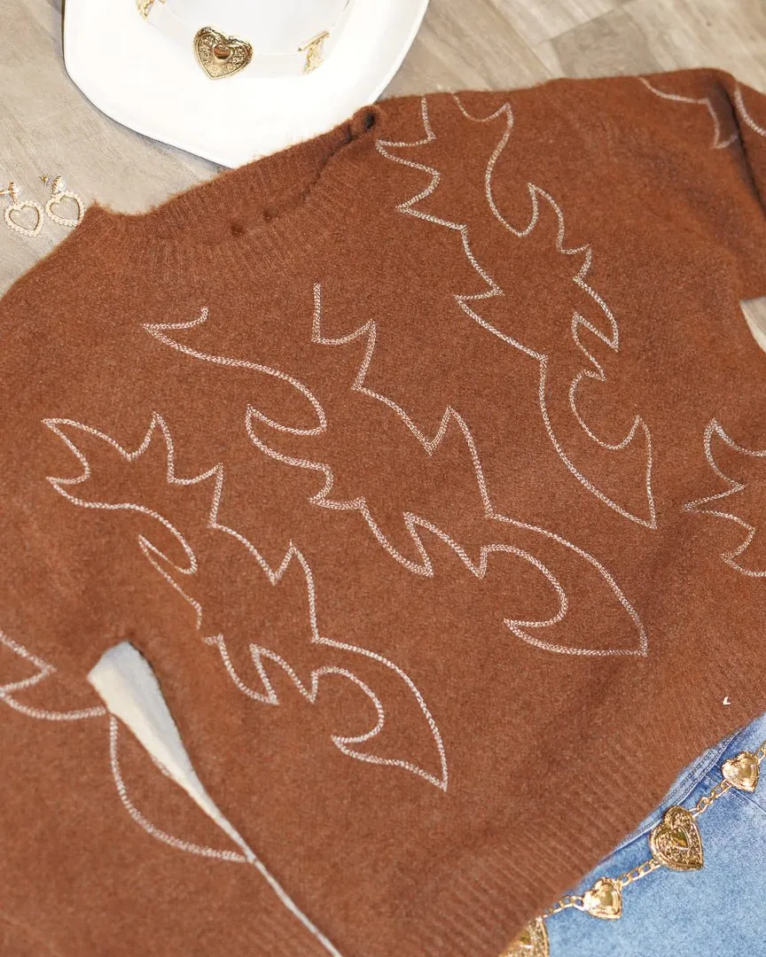 Cozy Cowgirl Brown Teddy Fabric Western Crew Neck Sweater