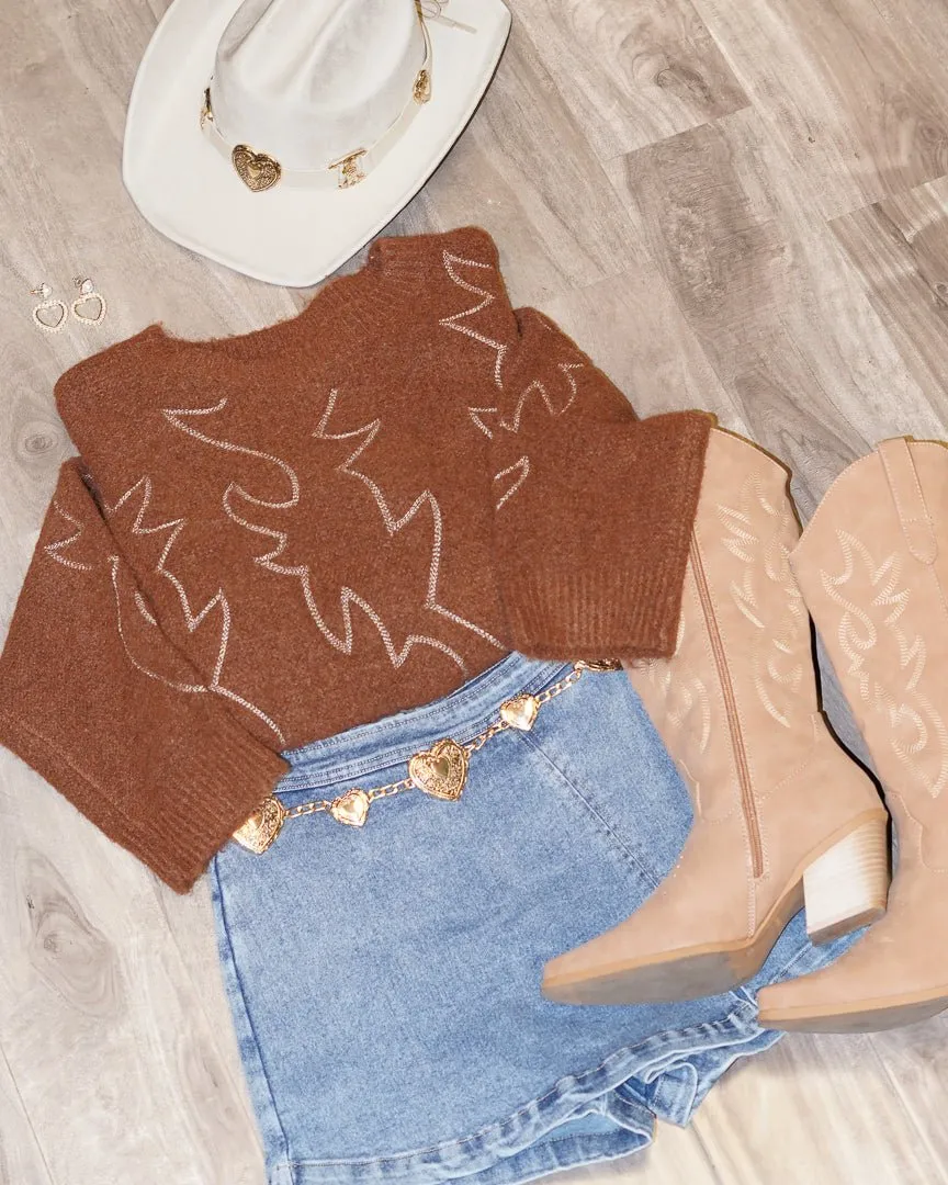 Cozy Cowgirl Brown Teddy Fabric Western Crew Neck Sweater