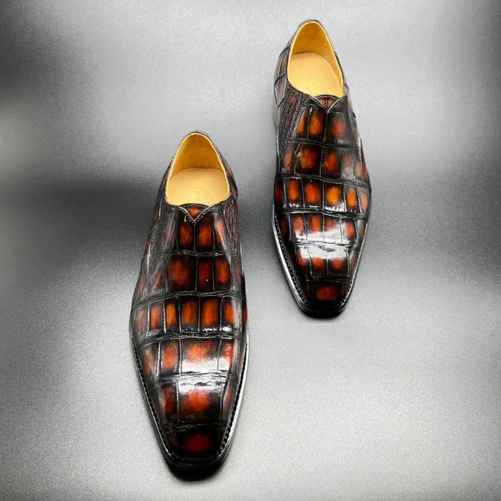 Crocodile Shoes Genuine Crocodile Leather Mens Penny Loafers Dress Shoes Hand Painted Vintage Brown