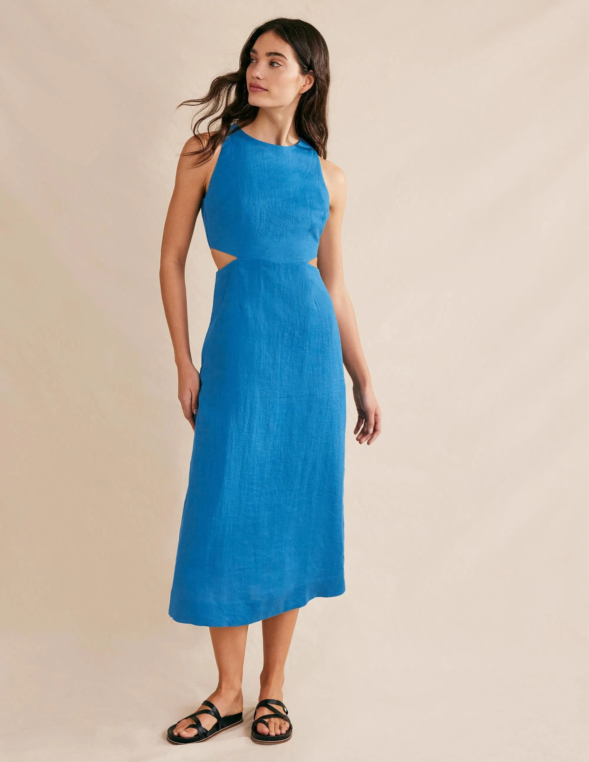 Cut Out Linen Midi Dress-Crystal Teal