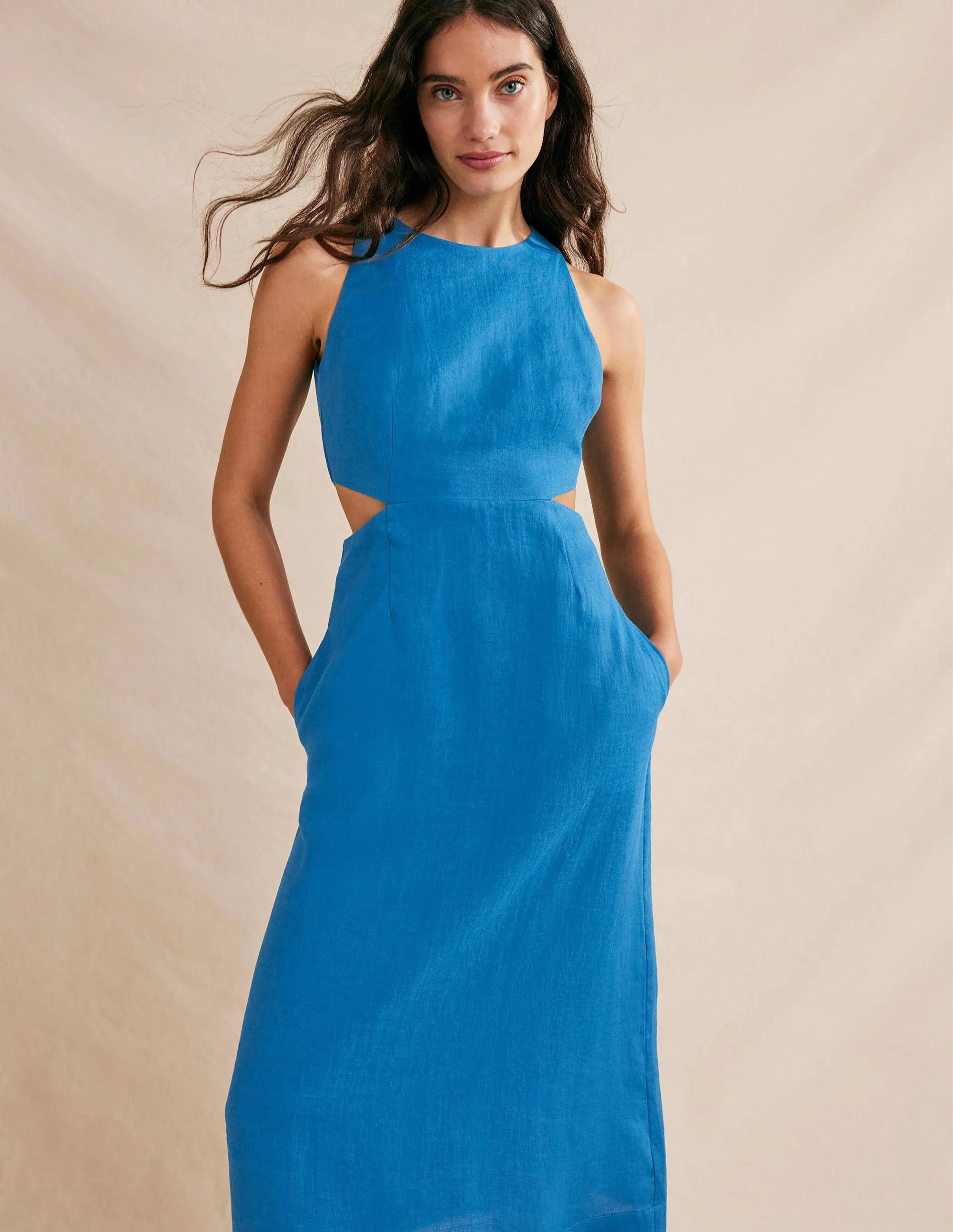Cut Out Linen Midi Dress-Crystal Teal