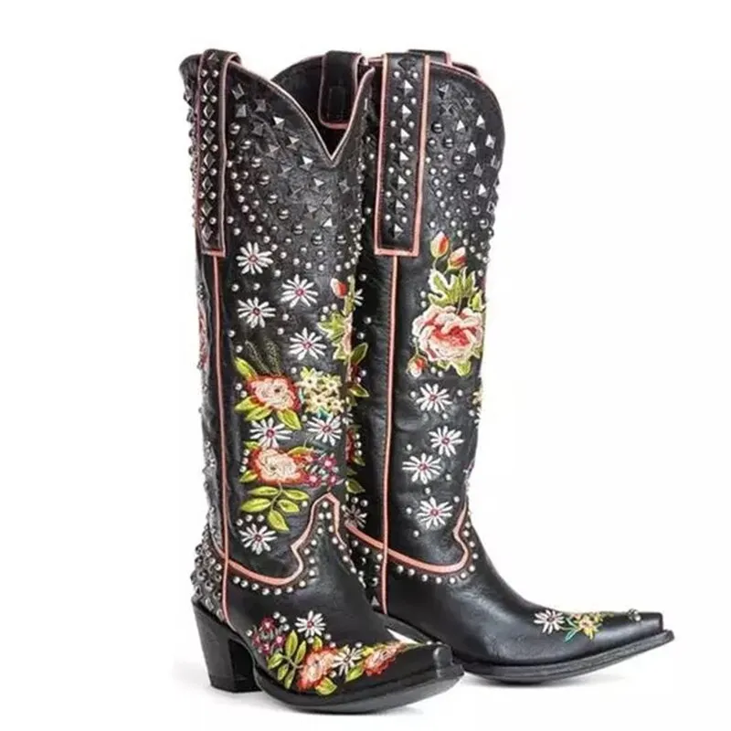 Gardenia Vintage Embroidery Cowboy Boots