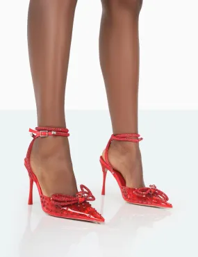 Girl Gang Red Perspex Sparkly Diamante Wrap Around Bow Pointed Court Heels