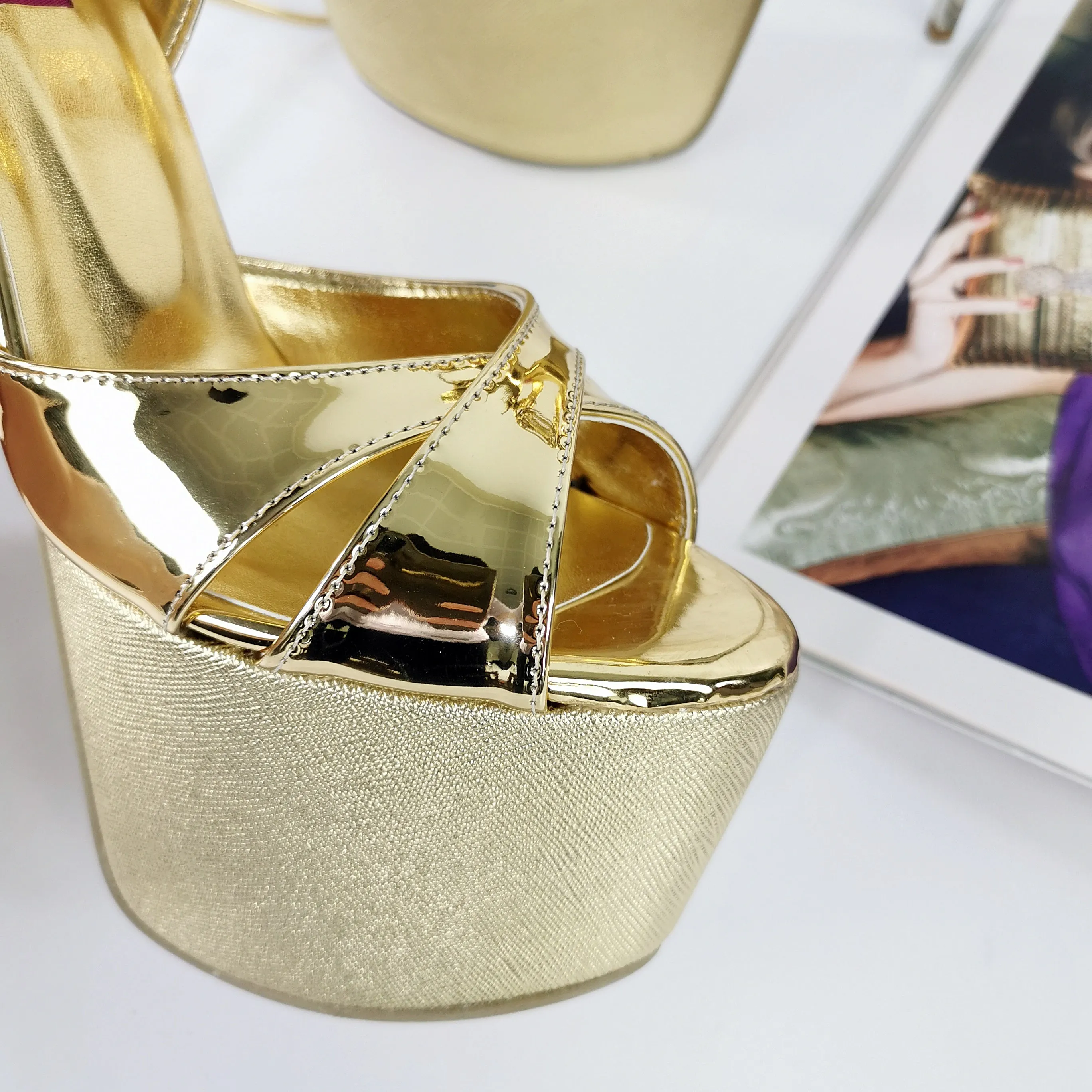 Gold Mirror Cross Strap Platform Sandals