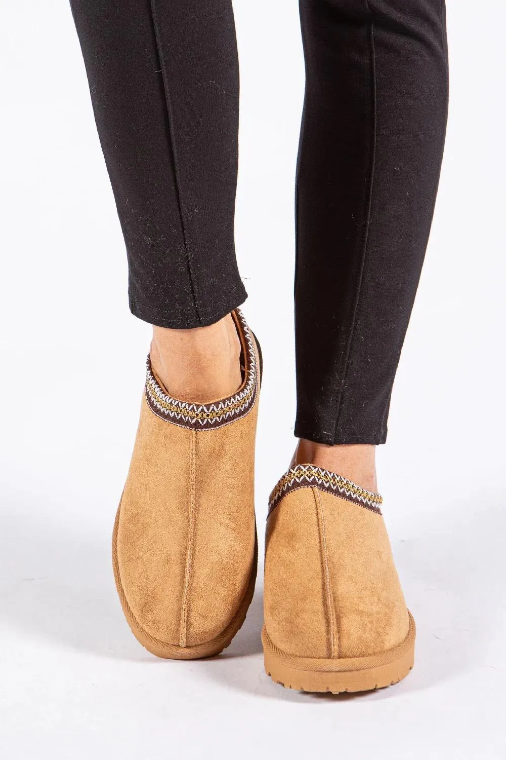 House Of Sehrish MX11 Chestnut Faux Suede Embroidered Cozy Slipper Boots