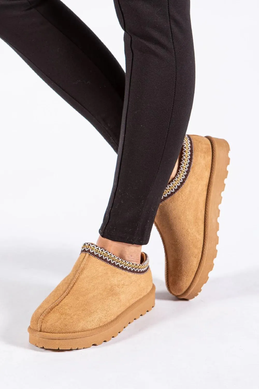 House Of Sehrish MX11 Chestnut Faux Suede Embroidered Cozy Slipper Boots