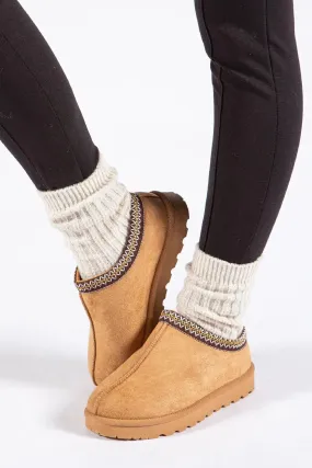 House Of Sehrish MX11 Chestnut Faux Suede Embroidered Cozy Slipper Boots