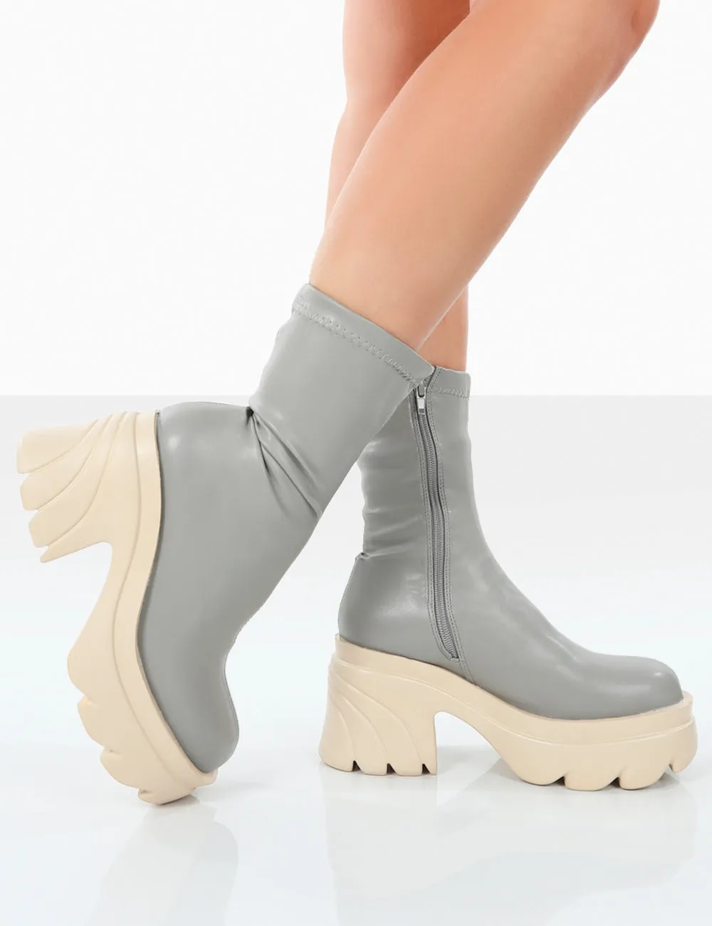 Jennie Grey Pu Chunky Sole Heeled Ankle Boots
