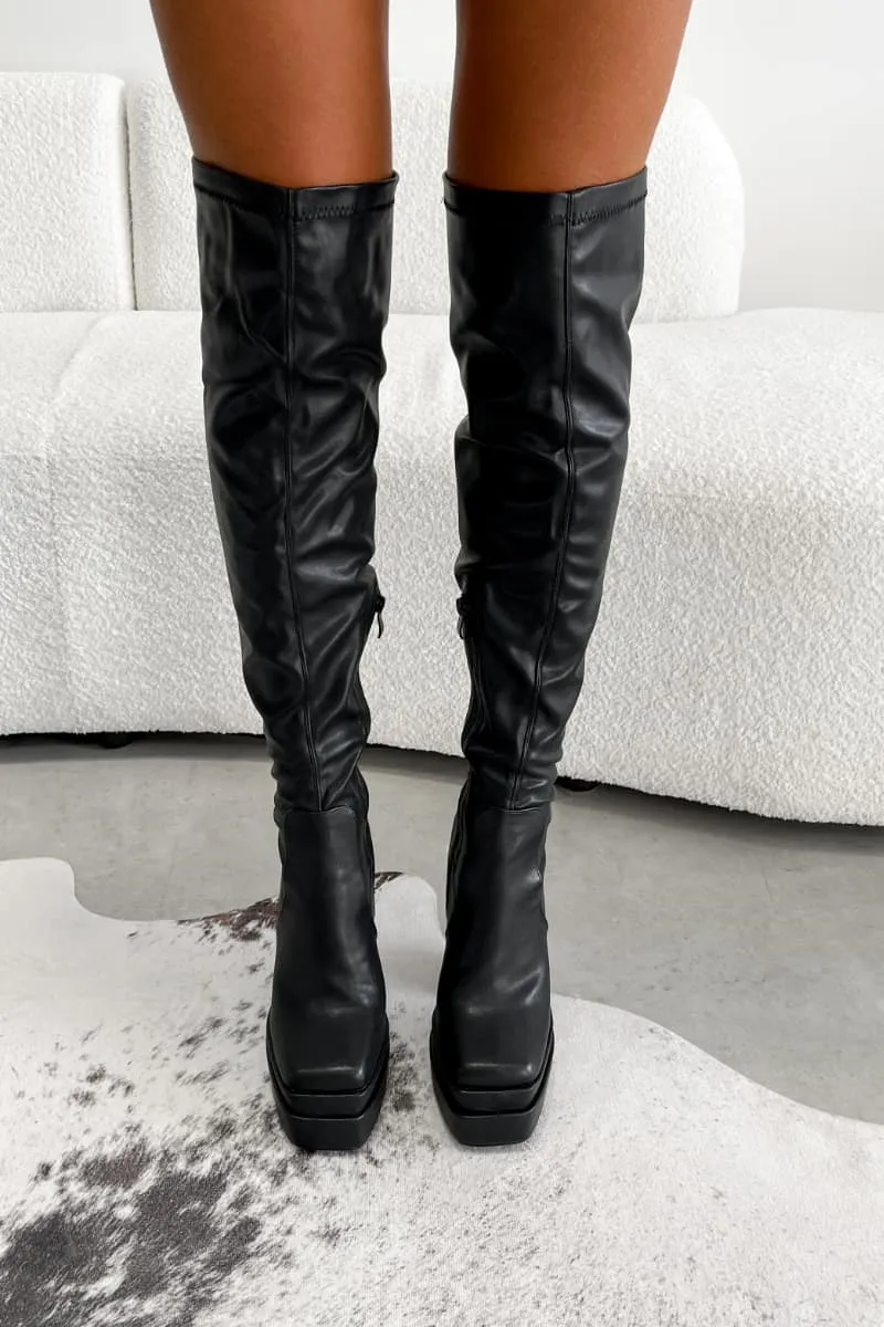 KHLO Chunky Over Knee Stretch Boots - Black PU