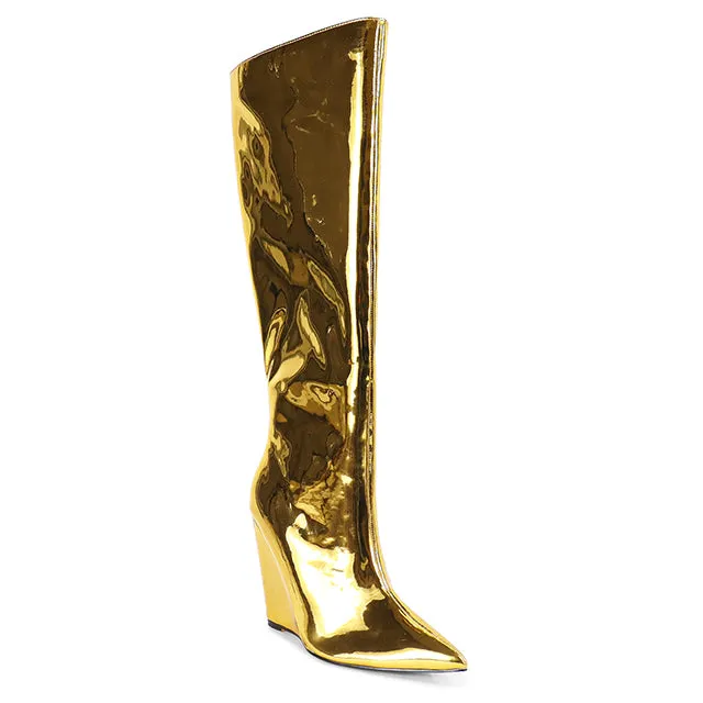 Knee High Metallic Wedge Boots Frenza