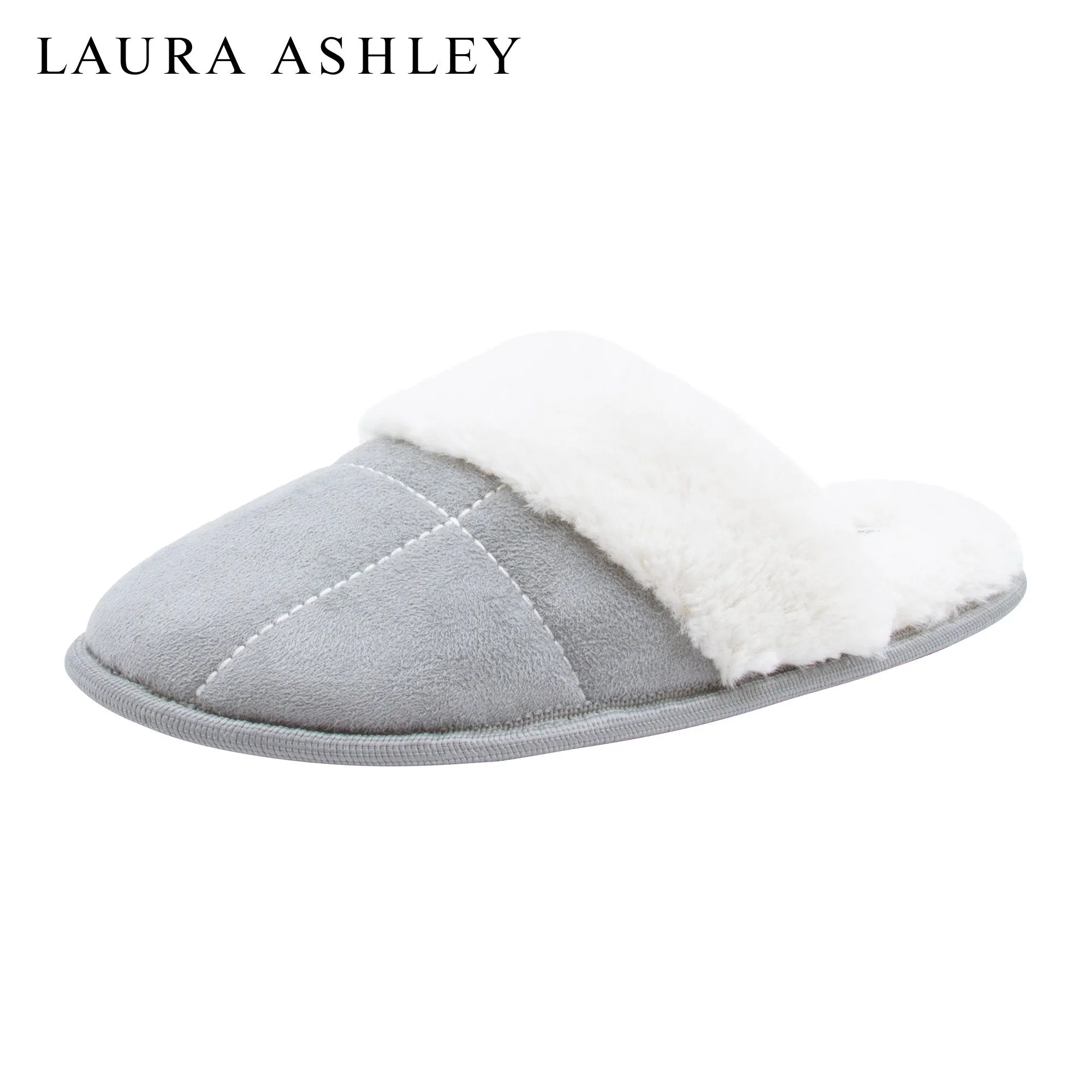 Laura Ashley Ladies Micro Suede Scuff Slipper with Plush Collar, Light Grey, XL