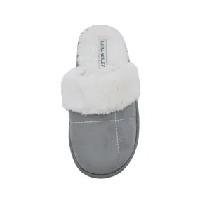Laura Ashley Ladies Micro Suede Scuff Slipper with Plush Collar, Light Grey, XL