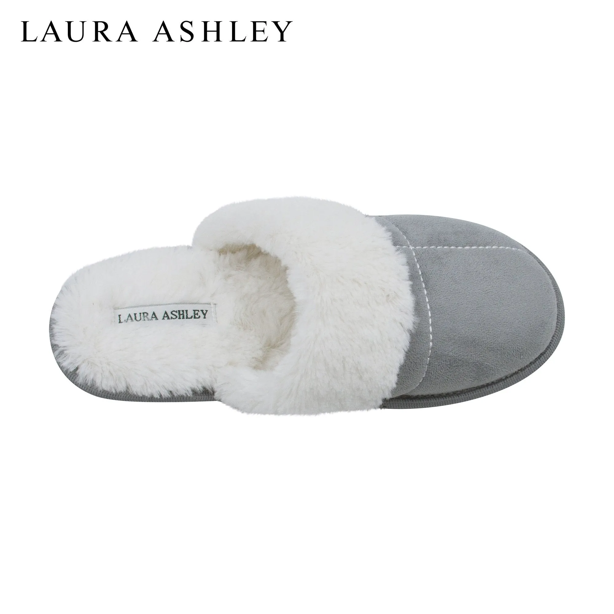Laura Ashley Ladies Micro Suede Scuff Slipper with Plush Collar, Light Grey, XL