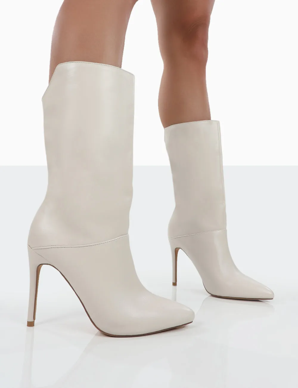 Lisel Ecru PU Pointed Toe Heeled Ankle Boots