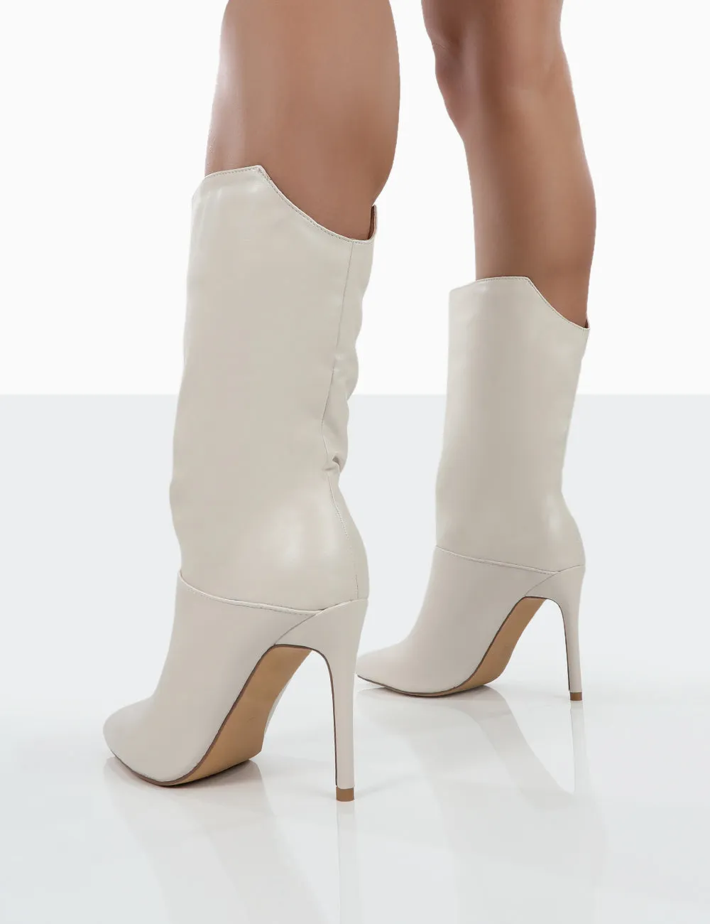 Lisel Ecru PU Pointed Toe Heeled Ankle Boots