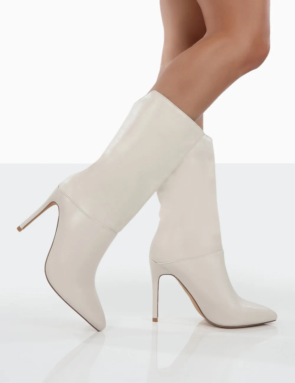 Lisel Ecru PU Pointed Toe Heeled Ankle Boots