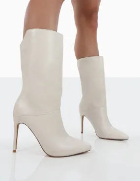 Lisel Ecru PU Pointed Toe Heeled Ankle Boots