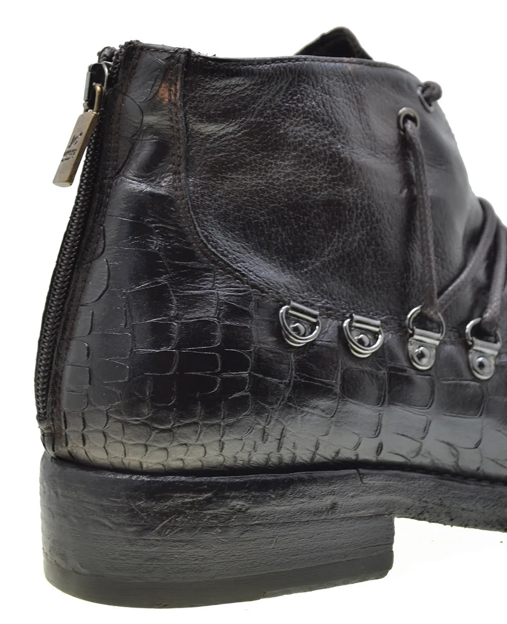 Men's Italian Shoes Jo Ghost 1357N Brown Leather Print Crocodile Hiker Boots last pair 45