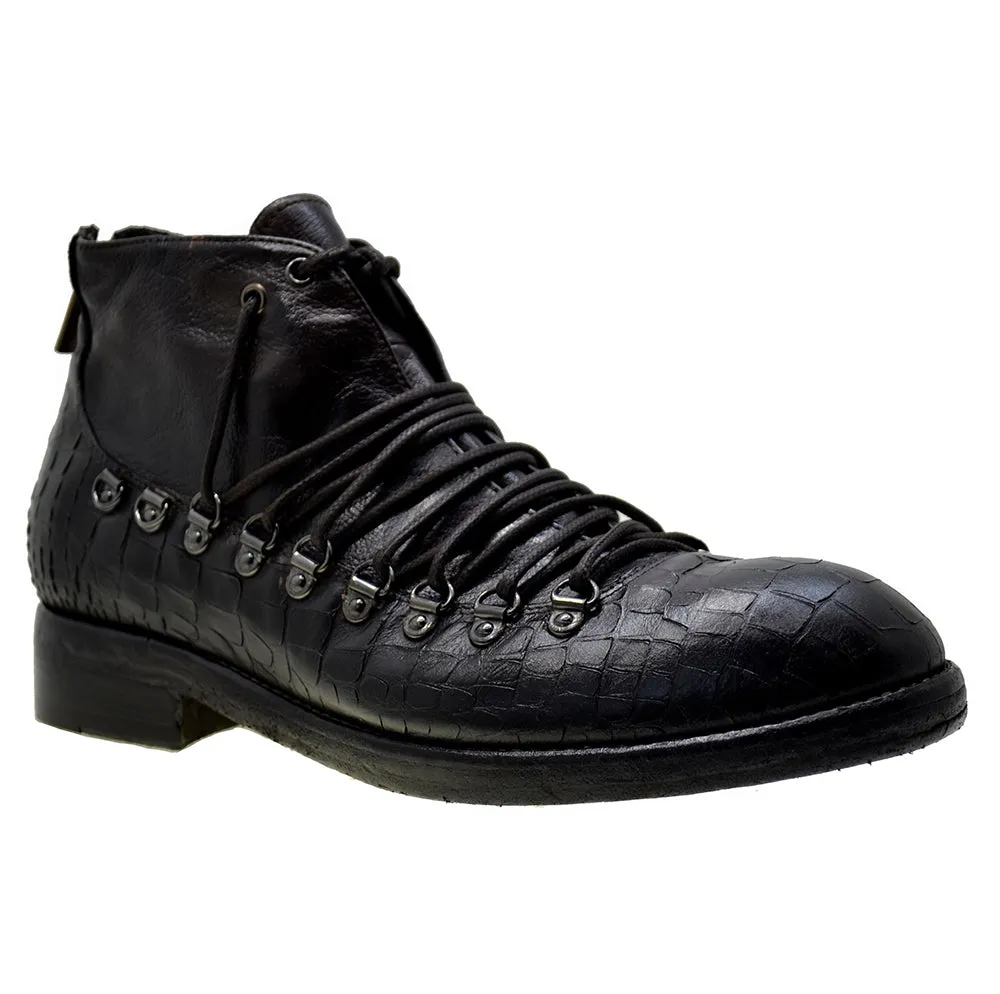 Men's Italian Shoes Jo Ghost 1357N Brown Leather Print Crocodile Hiker Boots last pair 45