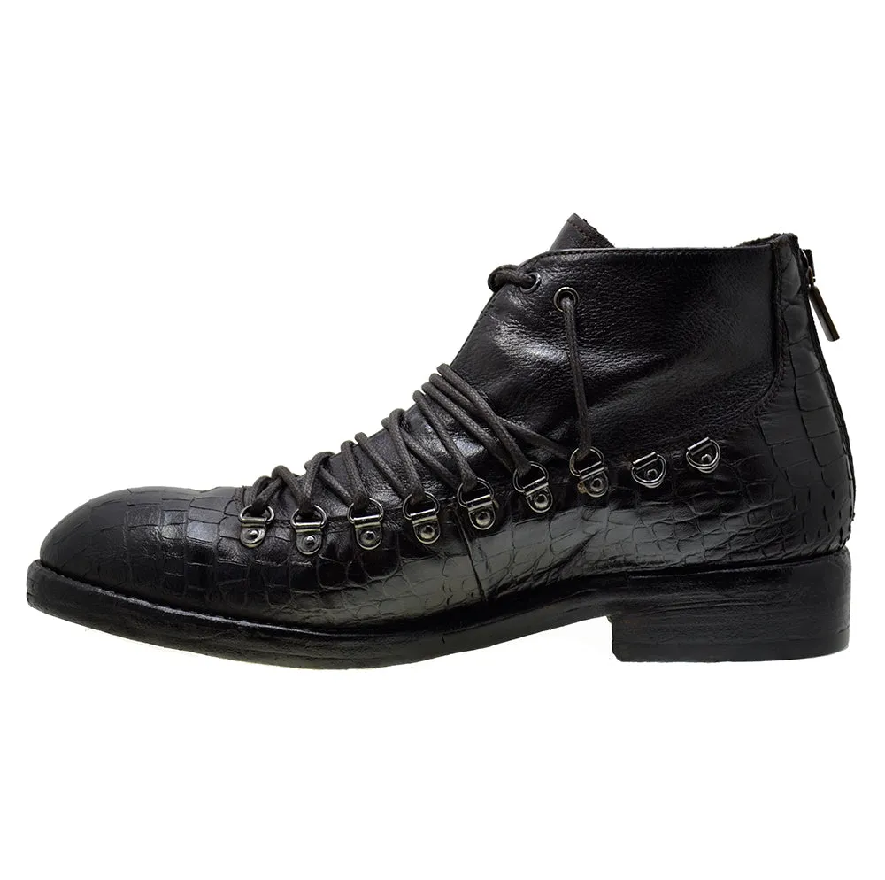 Men's Italian Shoes Jo Ghost 1357N Brown Leather Print Crocodile Hiker Boots last pair 45