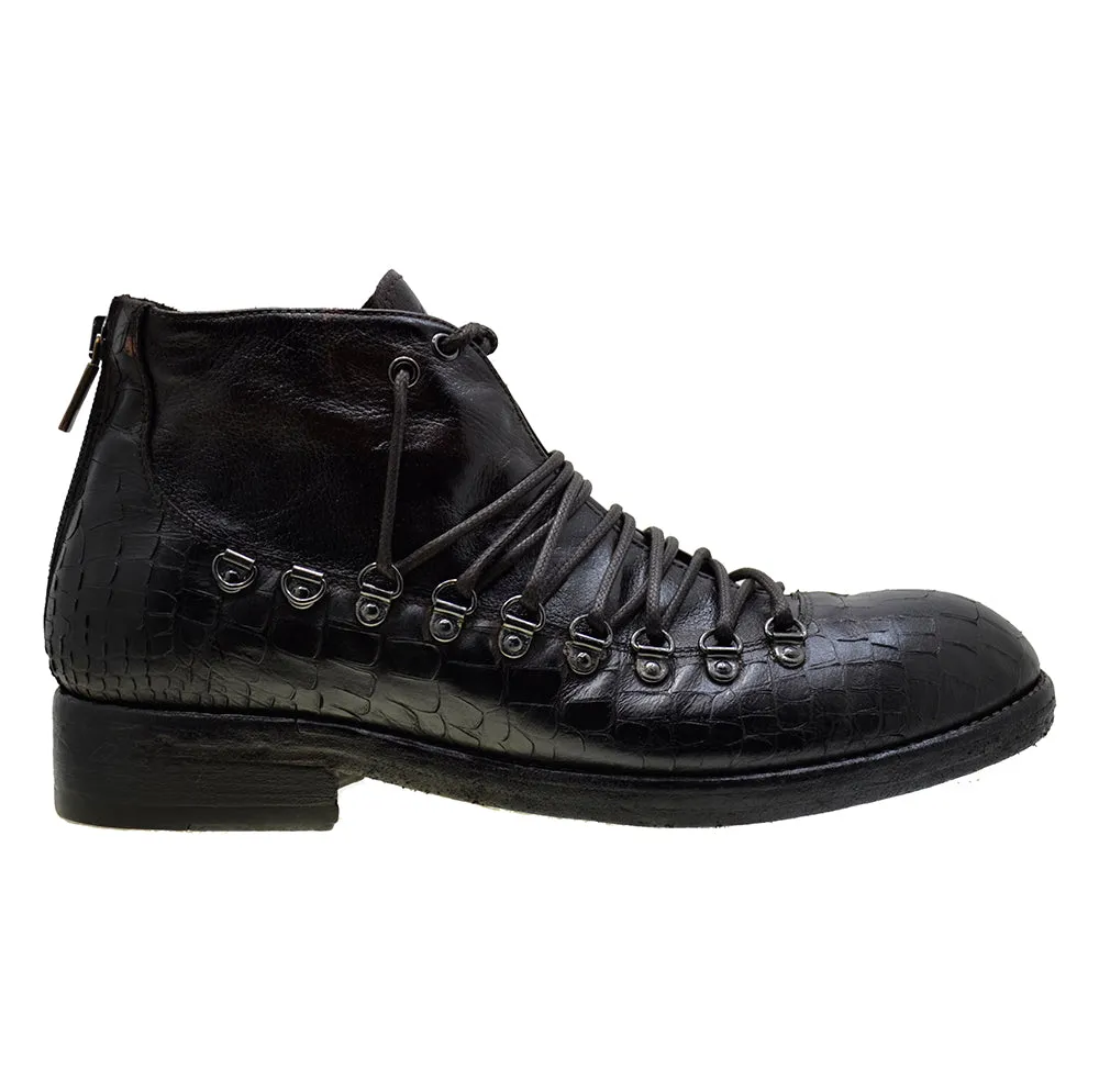 Men's Italian Shoes Jo Ghost 1357N Brown Leather Print Crocodile Hiker Boots last pair 45