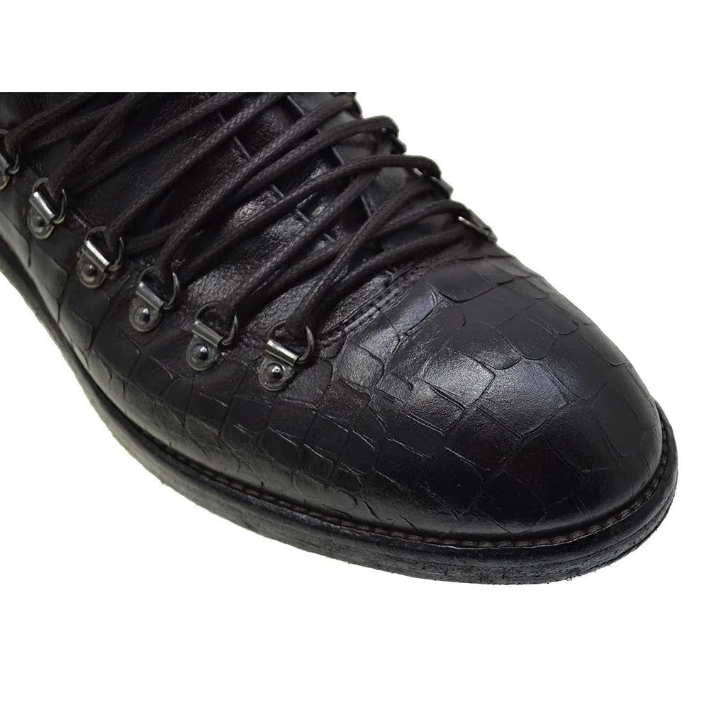 Men's Italian Shoes Jo Ghost 1357N Brown Leather Print Crocodile Hiker Boots last pair 45