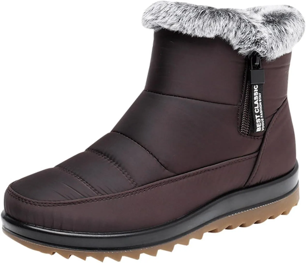 NEW Boots for Women Fashion Side Zipper Low Chunky Heel Snowproof Cotton Shoes Anti Slip Waterproof Boot, Brown, Sz 6.5, Retails $50