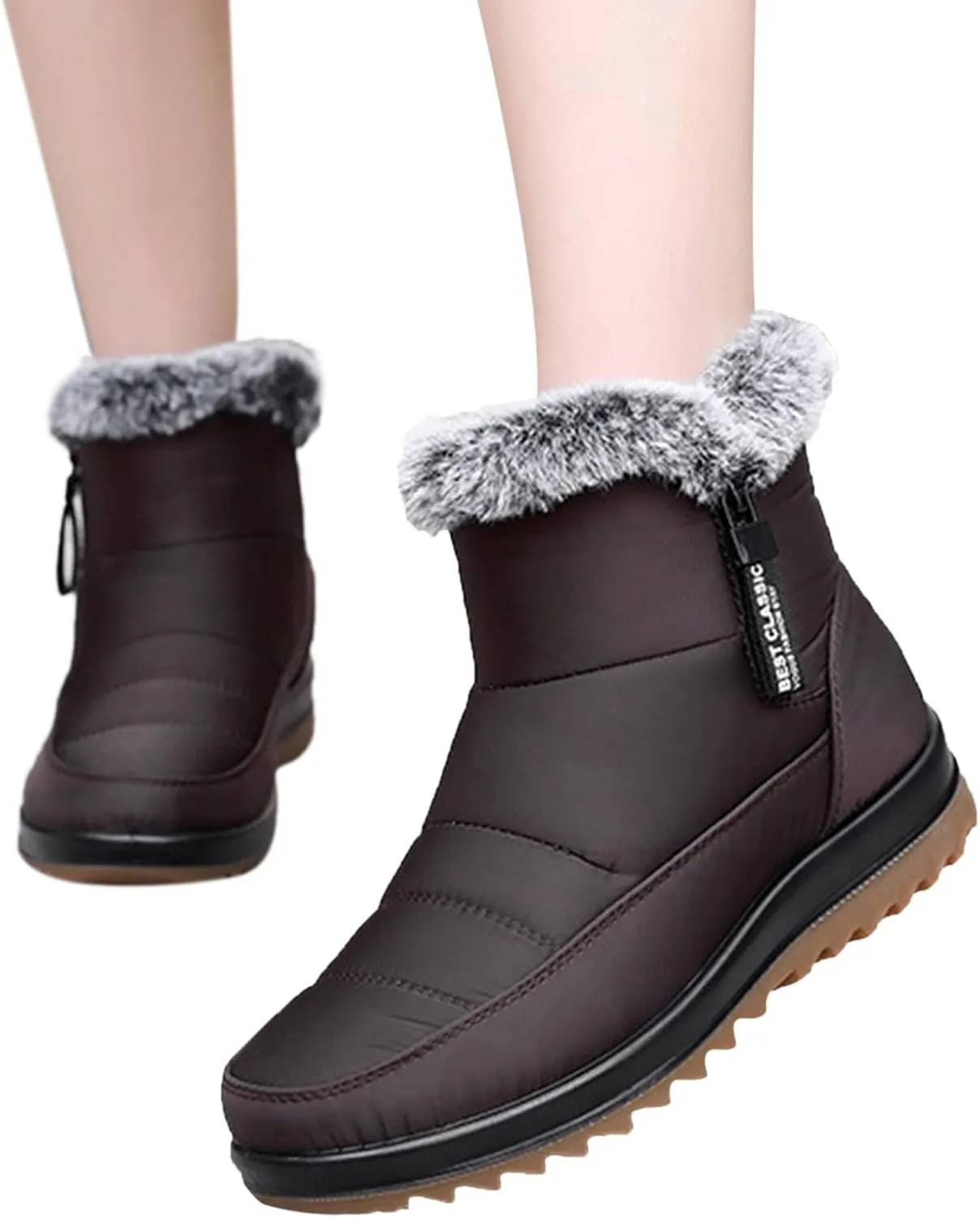 NEW Boots for Women Fashion Side Zipper Low Chunky Heel Snowproof Cotton Shoes Anti Slip Waterproof Boot, Brown, Sz 6.5, Retails $50