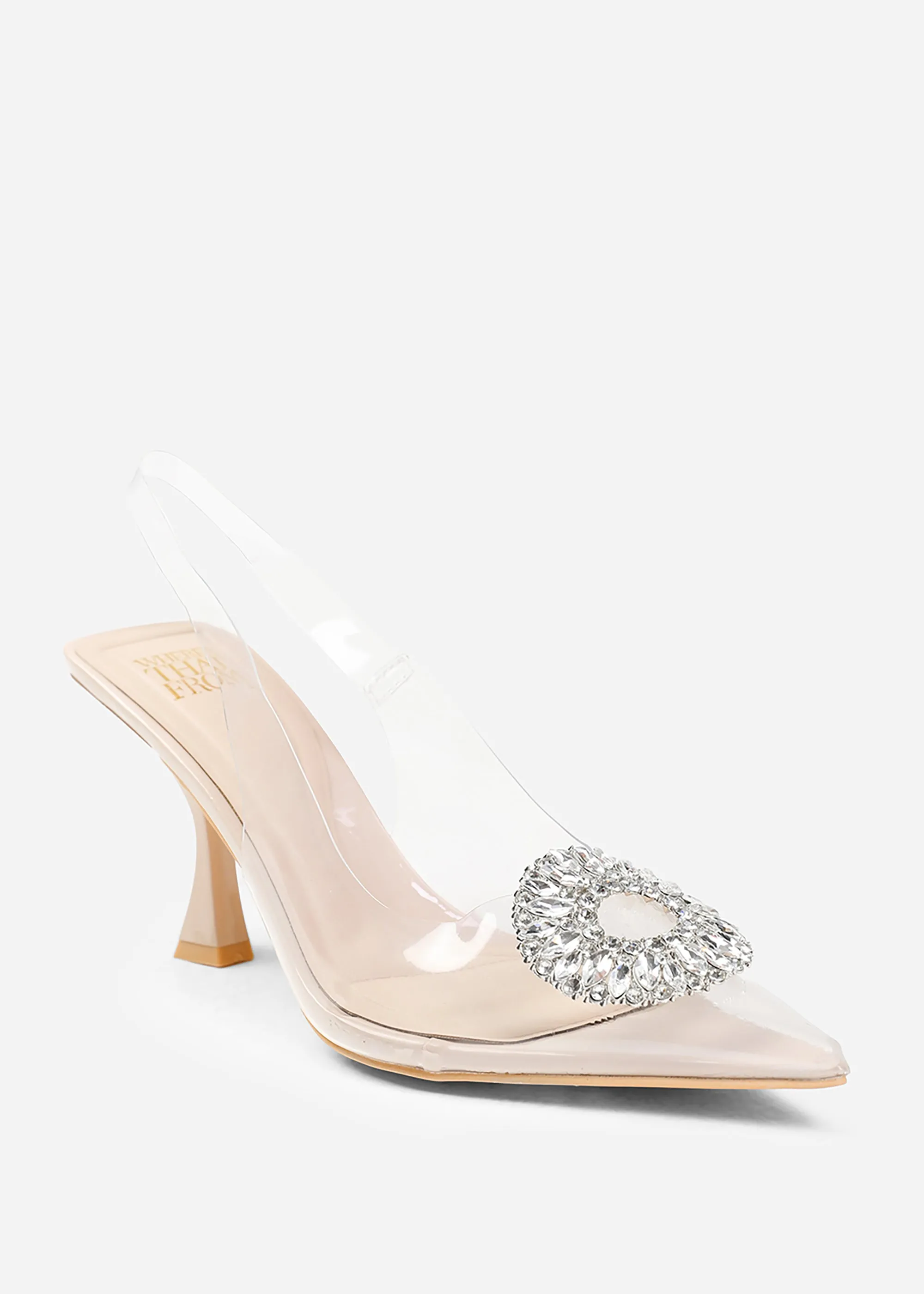 OPAL PERSPEX LOW HEEL SANDALS WITH EMBELLISHED DETAIL IN NUDE FAUX LEATHER