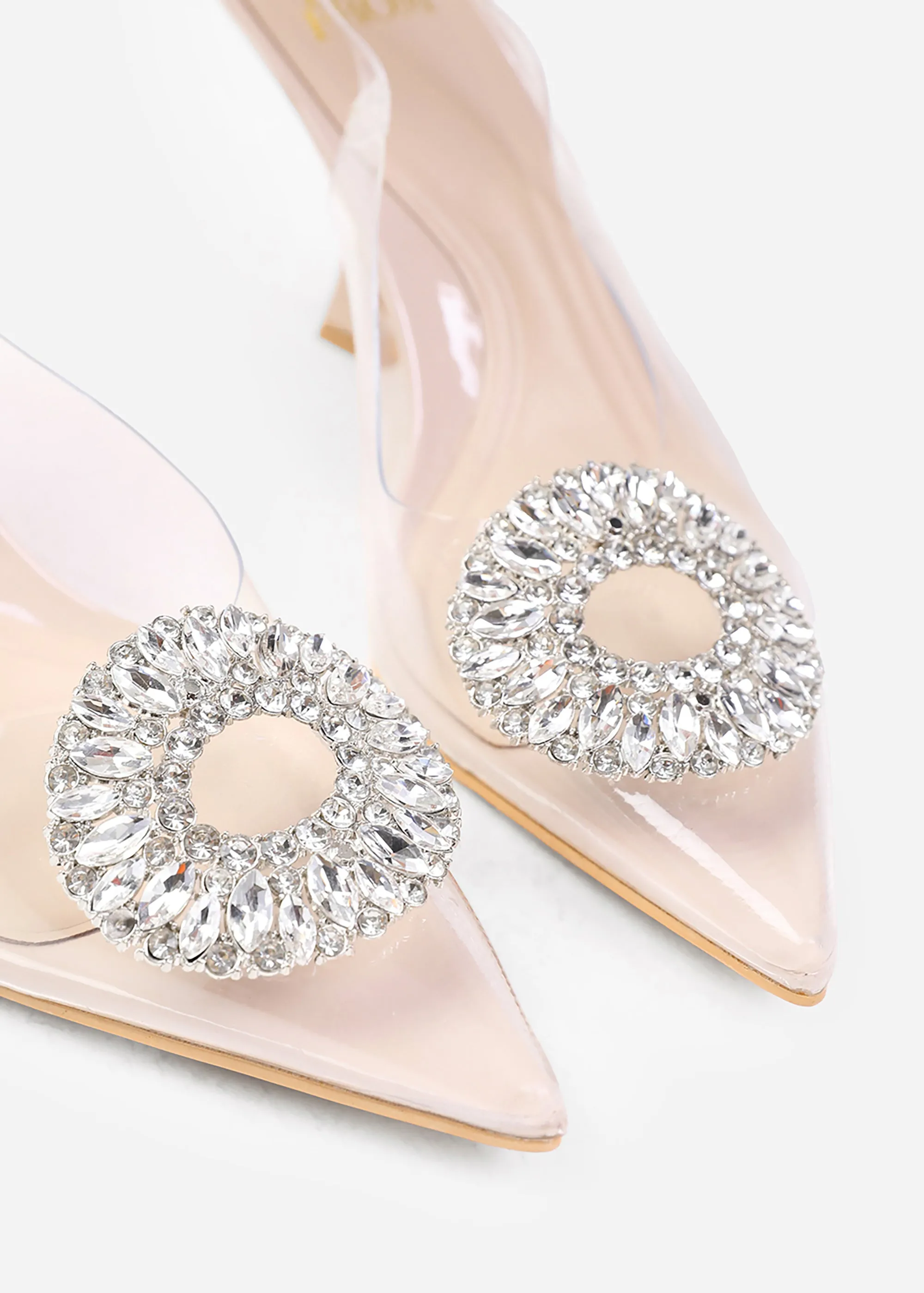 OPAL PERSPEX LOW HEEL SANDALS WITH EMBELLISHED DETAIL IN NUDE FAUX LEATHER