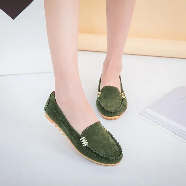 Plus Size 35-43 Women Flats Faux Suede Slip on Flat Shoes Woman Loafers Metal Boat Shoes Soft Female Shoes Black zapatos mujer