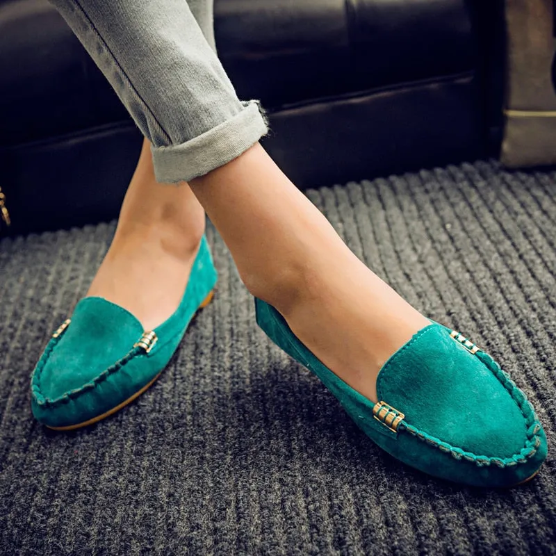 Plus Size 35-43 Women Flats Faux Suede Slip on Flat Shoes Woman Loafers Metal Boat Shoes Soft Female Shoes Black zapatos mujer