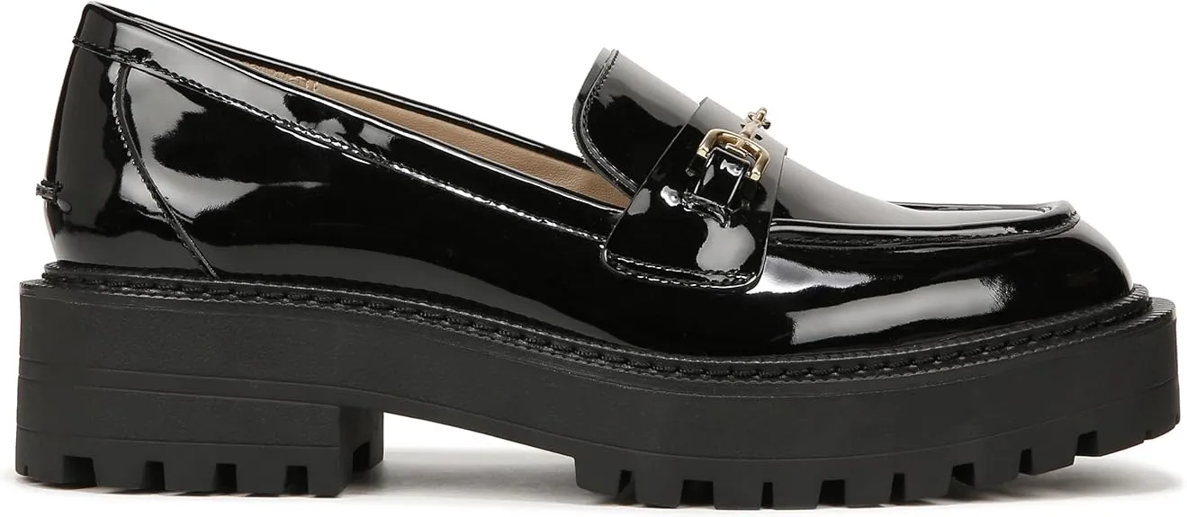 Sam Edelman Laurs Black Patent Rounded Toe Slip On Chunky Heel Leather Loafers