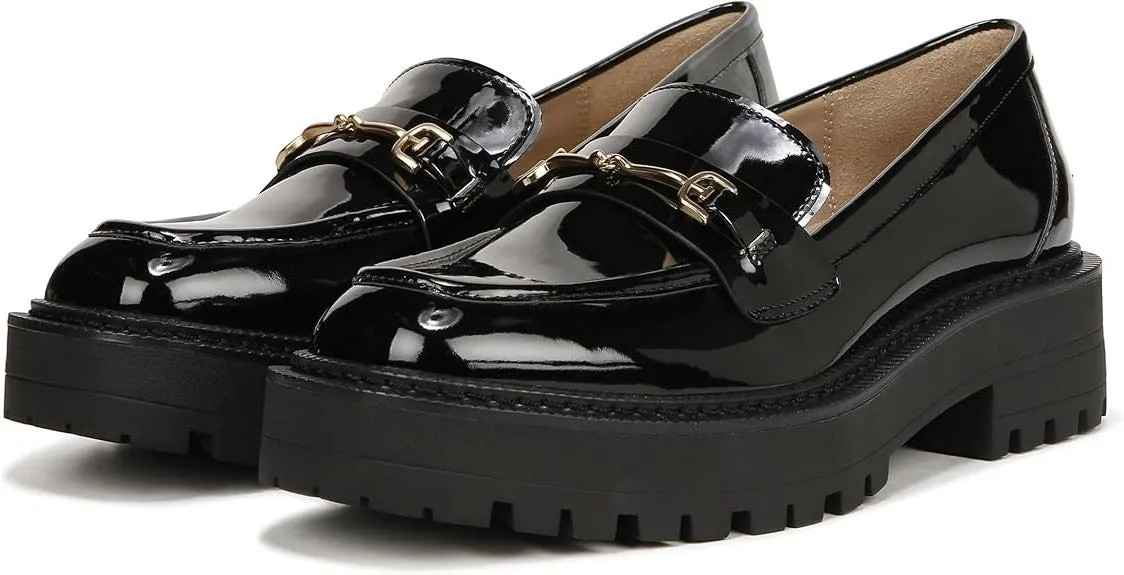 Sam Edelman Laurs Black Patent Rounded Toe Slip On Chunky Heel Leather Loafers
