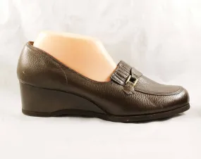 Size 10 Loafers - Unworn 70s Brown Leather Shoes - Wide Width Nice Quality 1960s 1970s Wedge Heel Platform - 60s NOS Deadstock - 10W EEE