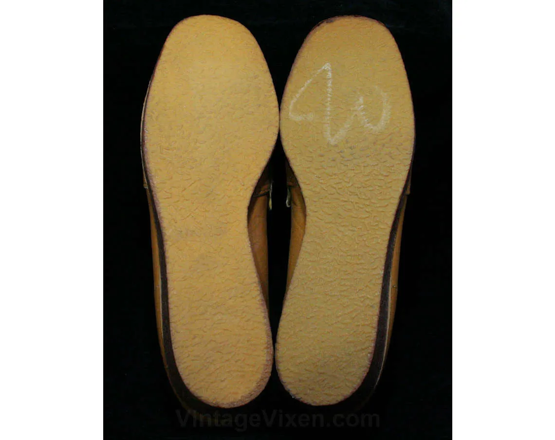 Size 6 M Leather Loafers - Never Worn - 1960s Tan Shoes - Hipster 60s Mod Style - Top Stitched - Novelty Print Lining - Deadstock - 44207
