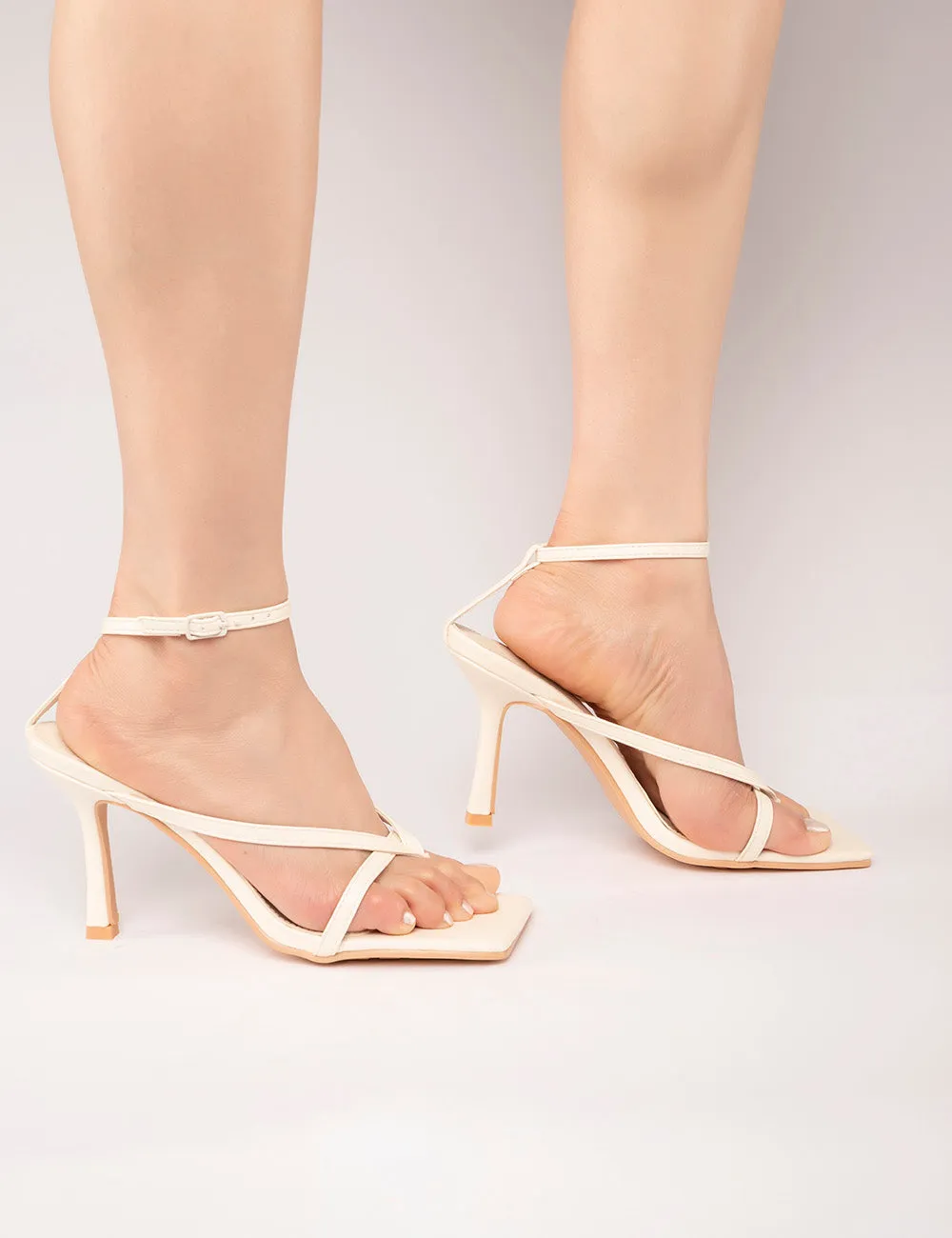 VERDANT ECRU PU STRAPPY SQUARE TOE HEELS