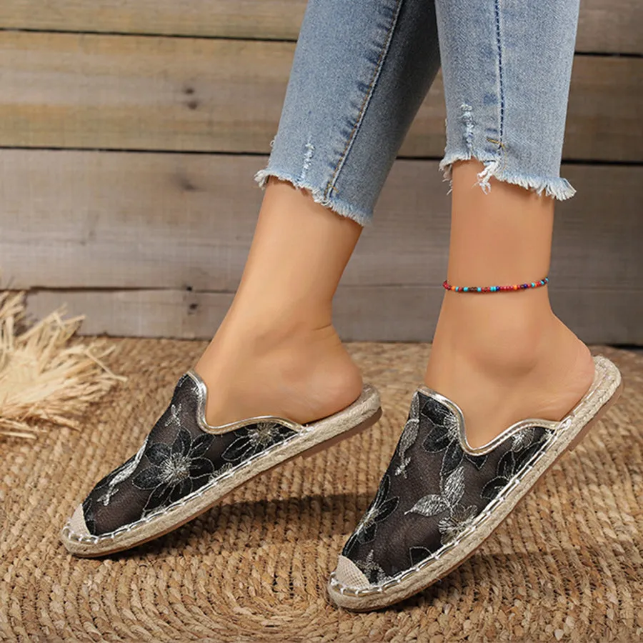 Women Summer Lace Flower Breathable Flat Sole Slip-Ons