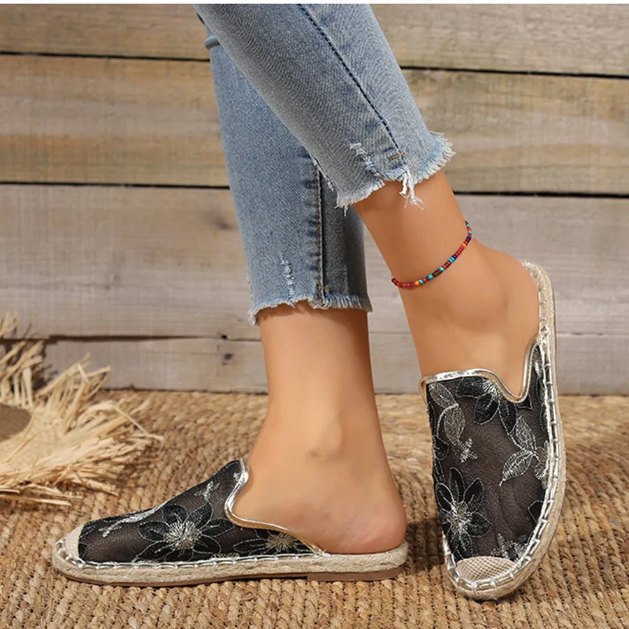 Women Summer Lace Flower Breathable Flat Sole Slip-Ons
